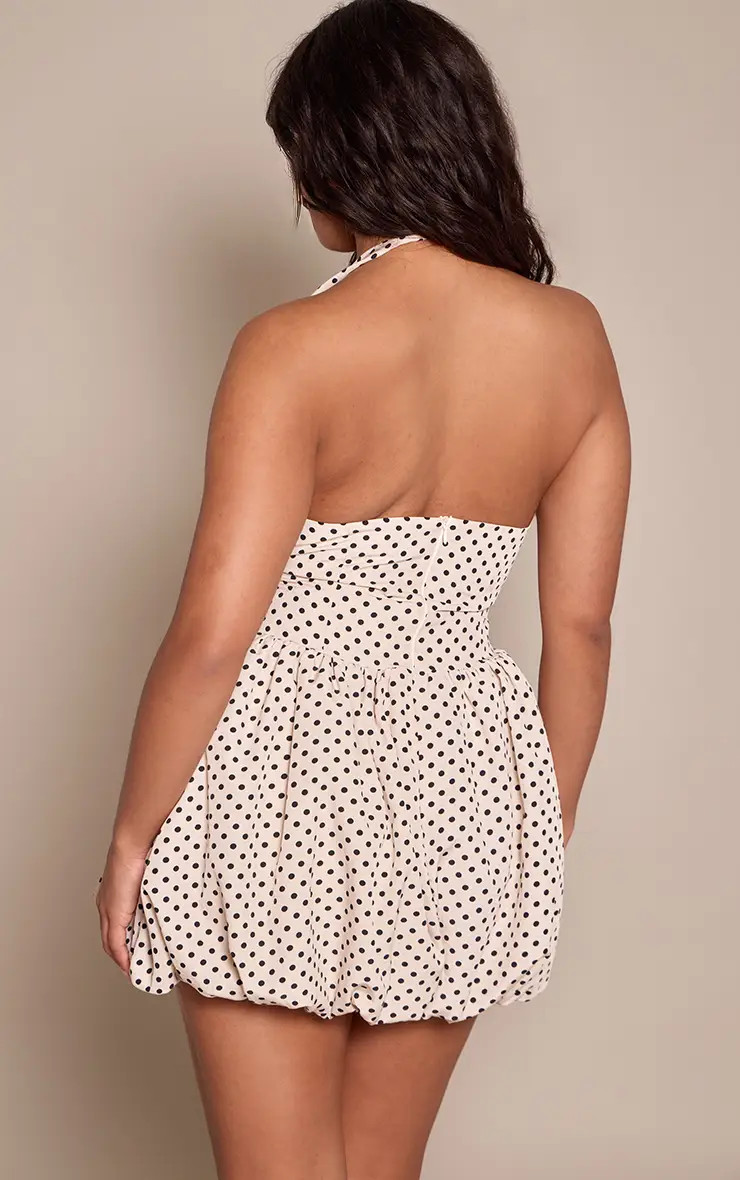 Shape Cream Polka Dot Halterneck Puff Ball Mini Dress | PrettyLittleThing US