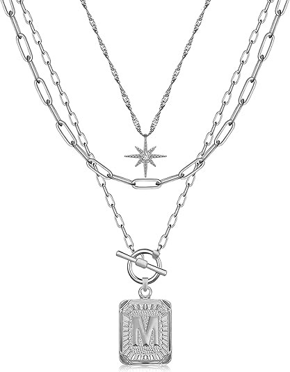 MJartoria Layered Initial Necklaces for Women Trendy, 14K Gold Plated Simple Star Choker Square L... | Amazon (US)