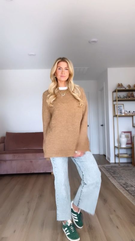 A list of my favorite 
 white crew neck tee, oversized camel sweater, and jewelry I love to layer. Wearing a S in the sweater! 

#LTKfindsunder50 #LTKstyletip #LTKSeasonal