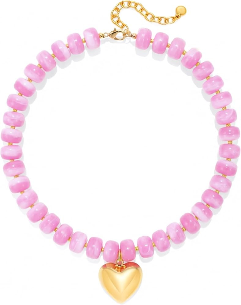 Chunky Heart Necklace for Women, Colorful Resin Beaded Choker, 14K Gold Plated Puffy Heart Pendan... | Amazon (US)