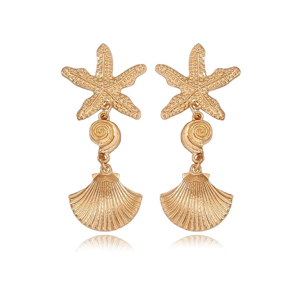 Beach Seashell & Starfish Earrings for Women - Lightweight Summer Jewelry with Gold-Tone Shell De... | Amazon (US)