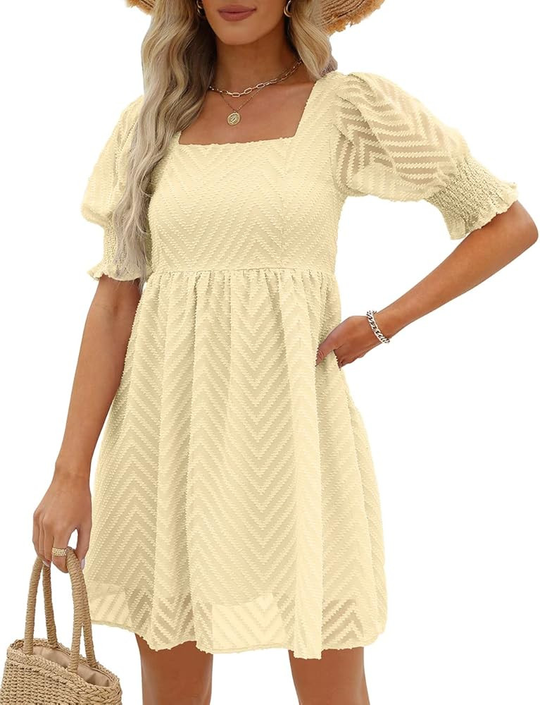 WEESO Womens Summer Puff Sleeve Square Neck Empire Waist Babydoll Dresses XXS-2XL | Amazon (US)