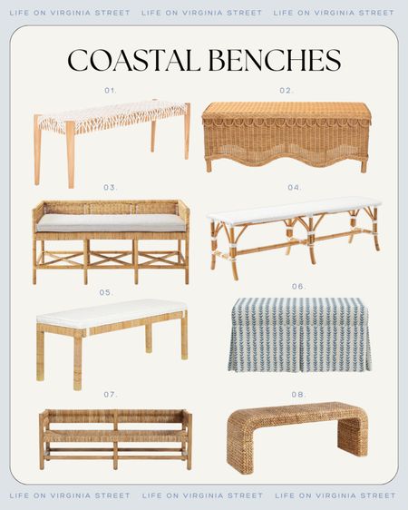 COASTAL BENCHES - Loving this variety of coastal beaches including a wicker bench, blue and white upholstered bench, rattan bench, seagrass bench, bistro bench and more! Perfect for extra dining room seating or to place at the end of a bed or in an entryway!
.
#ltkhome #ltksalealert #ltkseasonal #ltkfindsunder100 #ltkstyletip beach house decor, coastal furniture, designer looks for less

#LTKSeasonal #LTKHome #LTKSaleAlert