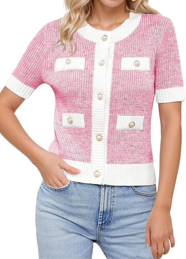 LCXWFE Womens Cropped Short Sleeve Cardigan Sweaters Crew Neck Button Down Tweed Cardigans Knitwe... | Amazon (US)