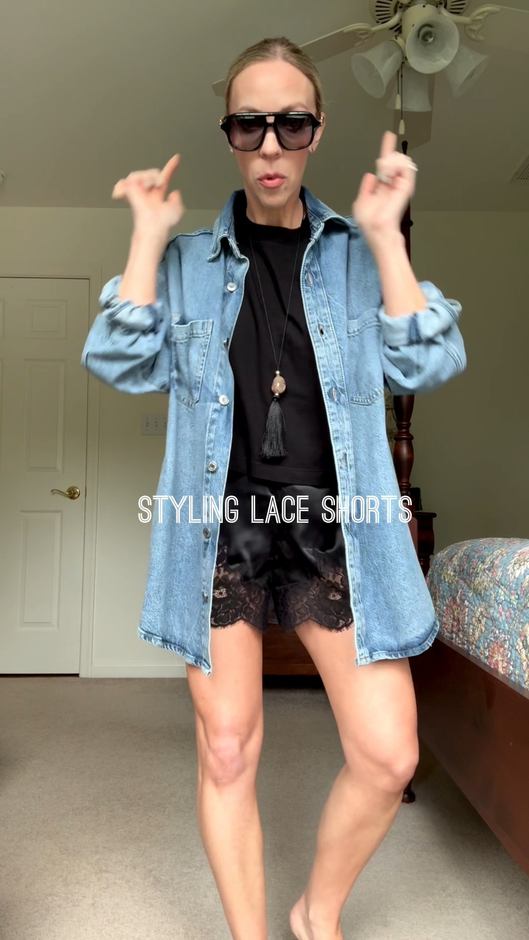 Styling lace shorts - I balanced the feminine vibe with a cropped tee, oversized denim shirt, aviator sunglasses and thong sandals

#LTKOver40 #LTKSeasonal #LTKgrwm