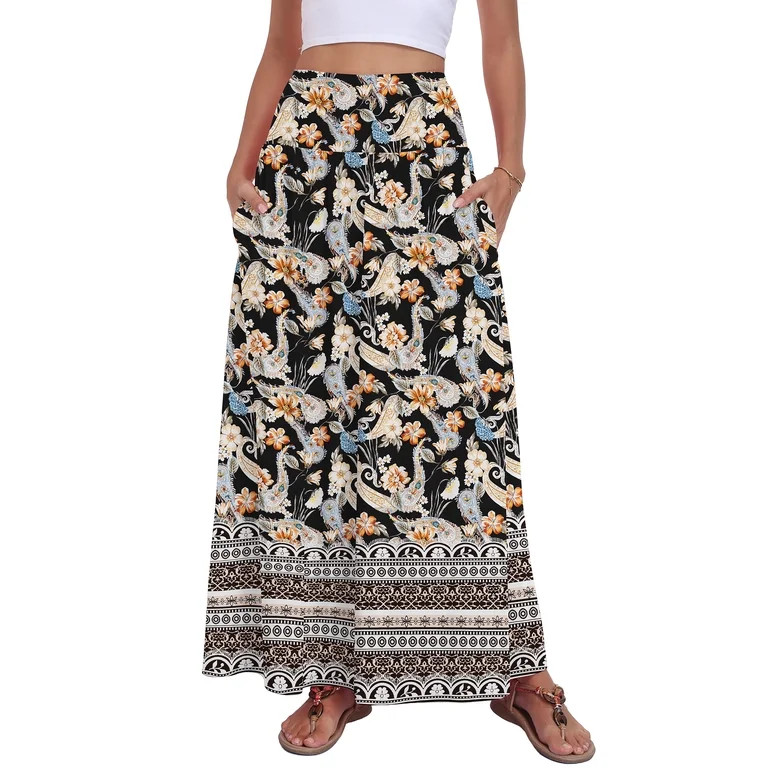 Asklazy Womens Boho Long Maxi Skirt A-Line Long Skirt with Pockets Elastic High Waist,GARDEN FLOR... | Walmart (US)