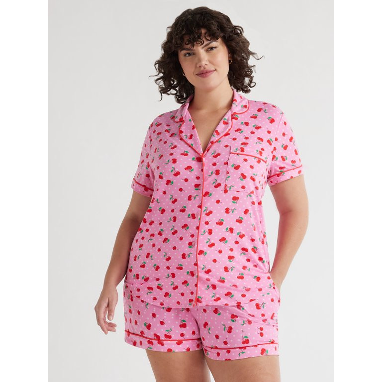 Joyspun Women’s Short Sleeve Notch Collar Top and Shorts Knit Pajama Set, 2-Piece, Sizes S to 3... | Walmart (US)