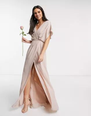 ASOS DESIGN Bridesmaid short sleeved cowl front maxi dress with button back detail in Blush | ASOS (Global)