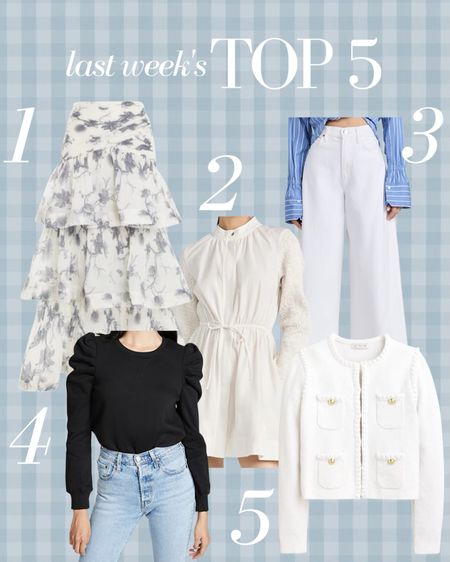 Last Week’s Top 5 best sellers! A gorgeous floral tiered maxi skirt you’ll own forever, an easy white dress, amazing wide leg white jeans, an under $100 puff sleeve sweatshirt that makes you look put together and be best lady jacket in white for spring 

#LTKstyletip #LTKunder100 #LTKFind