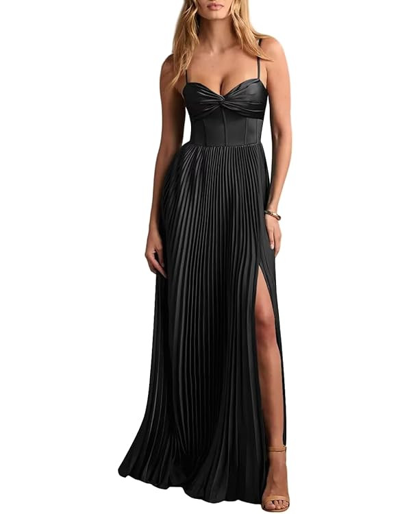 Lover Kisser Women's Pleated Bridesmaid Dress with Slit Satin Spaghetti Strap A Line Formal Eveni... | Amazon (US)