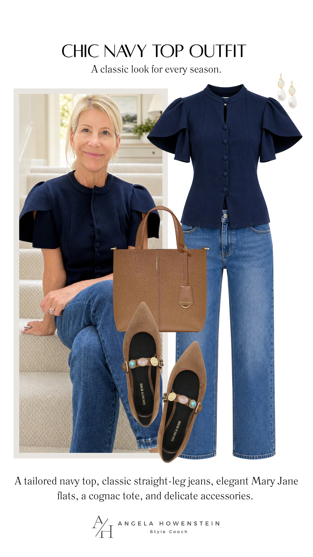 A beautifully tailored top is one of those wardrobe pieces that instantly pulls an outfit together. Paired with classic straight-leg jeans, a rich cognac tote, elegant Mary Jane flats, and delicate drop earrings, this look feels polished enough for lunch, meetings, or dinner while still being incredibly easy to wear. It's timeless, feminine, and proof that elevated style doesn't have to be complicated.

👩‍💻 LTK PRO TIPS
❤️ Heart = Support my posts ;-)
🔖 Save = Keep this outfit for your next style refresh.
📋 Lists = Organize your favorite wardrobe staples.
📲 Share = Send this to someone who loves timeless style.
💬 Comment = Would you wear this with flats or heels? 

 #LTKootd #LTKSeasonal #LTKOver40