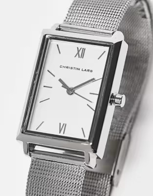 Christin Lars slimline faux leather strap watch with square face in silver | ASOS (Global)