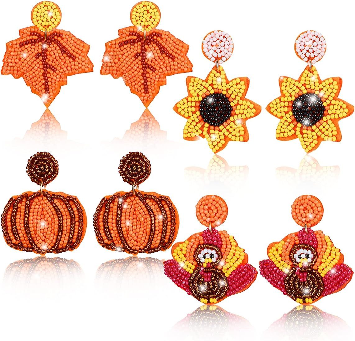 4 Pairs Thanksgiving Fall Beaded Earrings for Women Drop Dangle Earrings Turkey Pumpkin Sunflower... | Amazon (US)