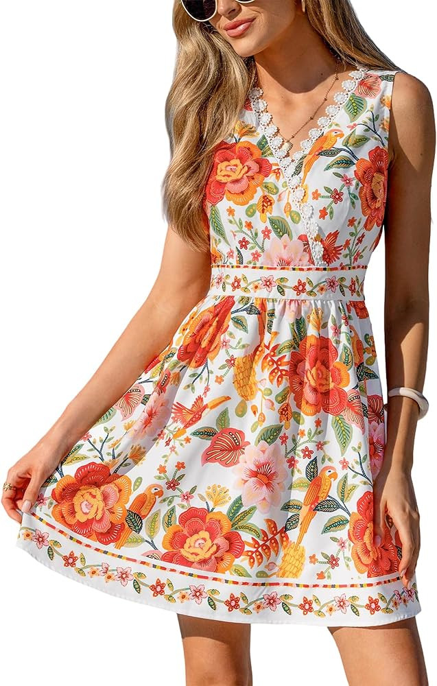 CUPSHE Women's Summer Mini Dresses Vacation Floral Lace V Neck Sleeveless Sundress Casual Flowy S... | Amazon (US)