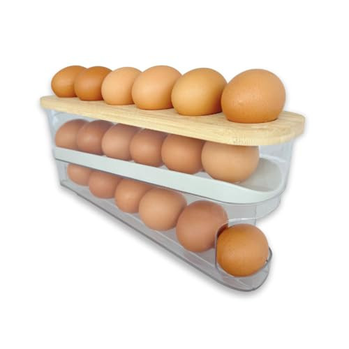 18 Egg Dispenser for Refrigerator - Durable Organizer with Wooden Lid, Space-Saving Storage Bin for Freshness, Kitchen Organization, Easy Access & Stylish Design | Amazon (US)