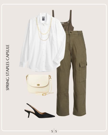 Spring Staples Capsule Wardrobe outfit idea | cargo olive pant, white tank, white button up, sling back pumps, classic bag, layering necklaces

See the entire staples capsule on thesarahstories.com ✨ 


#LTKstyletip