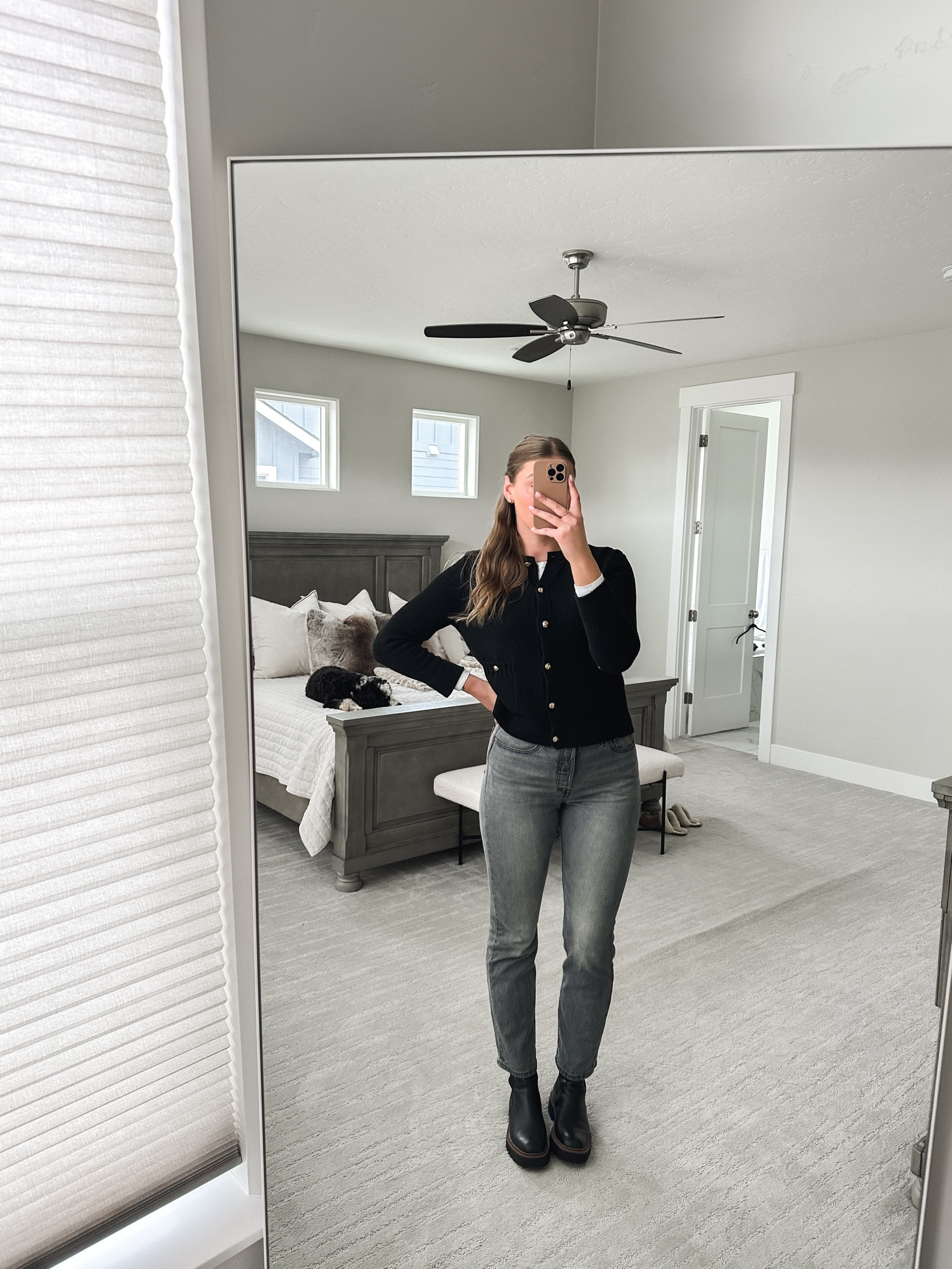 Gold button cardigan, gray Levi’s 501 jeans - 28/30, waterproof lug sole boots 