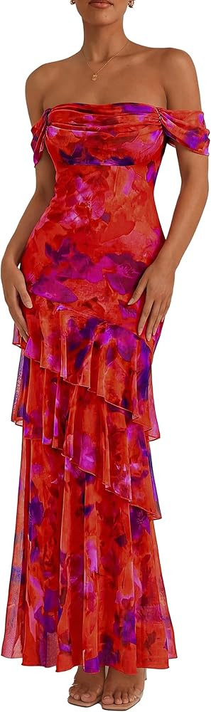 PRETTYGARDEN Women's Formal Cocktail Maxi Dresses 2026 Summer Off Shoulder Floral Mesh Bodycon Sp... | Amazon (US)
