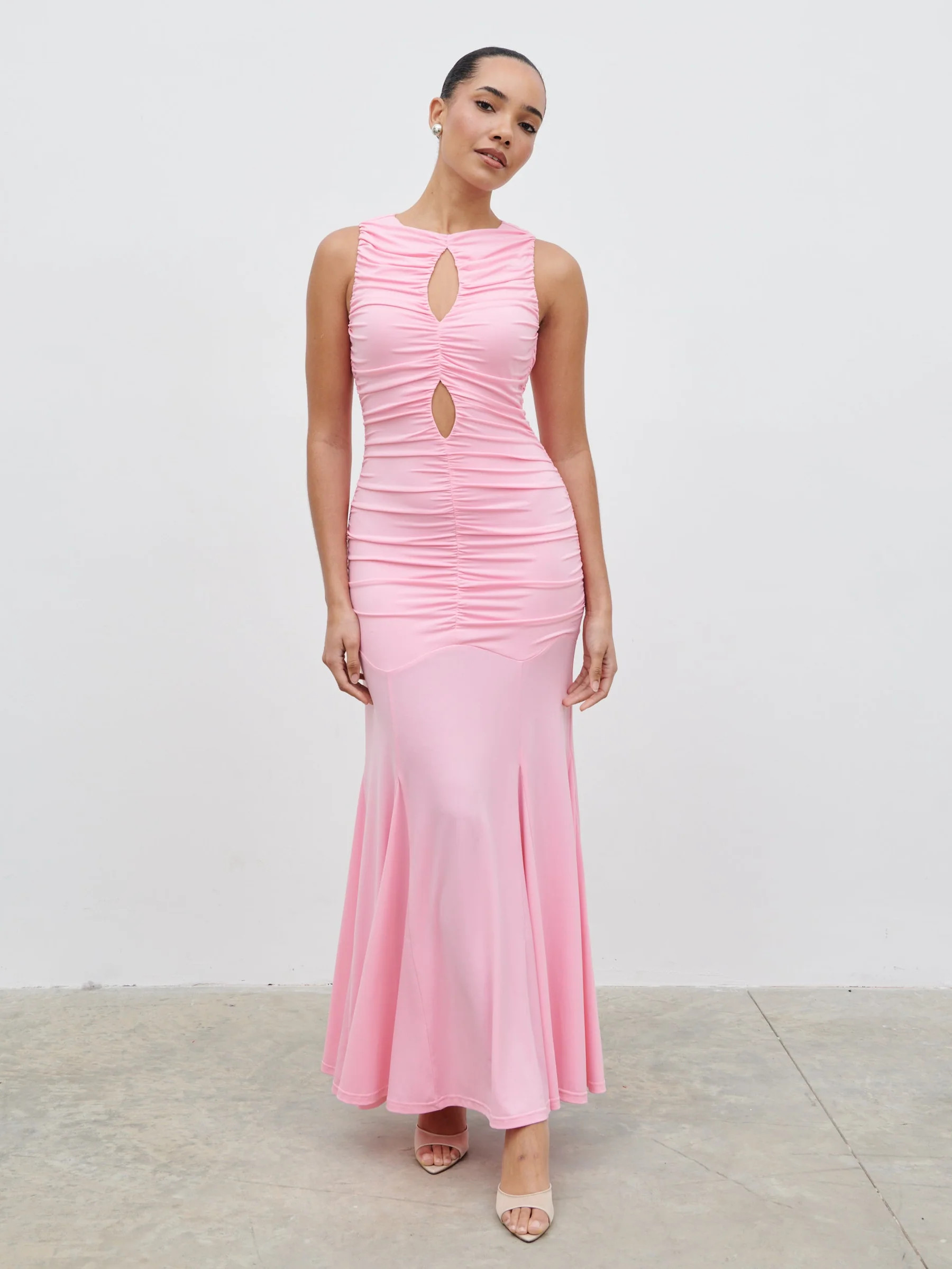 Shayla Ruched Cut Out Jersey Maxi Dress - Peony Pink | Pretty Lavish (UK)
