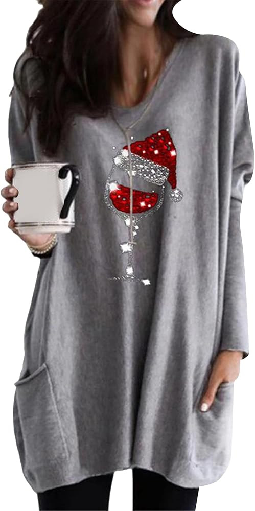 YMING Womens Christmas Round Neck Sweatshirt Long Sleeve Printed Shirt Dress Oversized Loose Fit ... | Amazon (US)