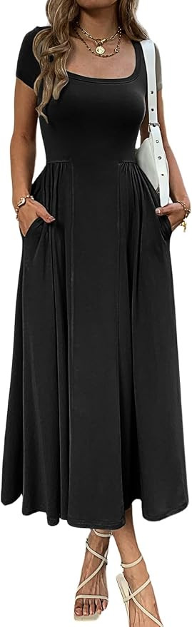 Mieazom Women's Square Neck A Line Flowy Maxi Dress with Pockets | Swing Long Sundress,Short Slee... | Amazon (US)