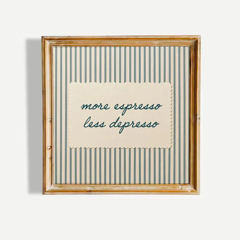 More Espresso Less Depresso Print, Blue Striped Coffee Quote Poster, Kitchen Wall Art | Etsy (Global)