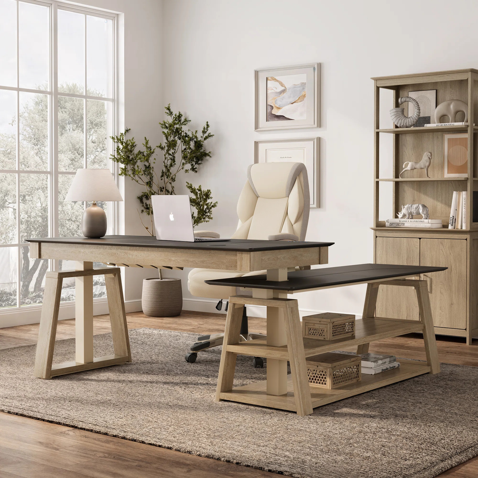 60" W Executive Office L Shaped Desk with PU Leather Top,Solid Wood Frame & Storage Drawers, Adju... | Wayfair North America