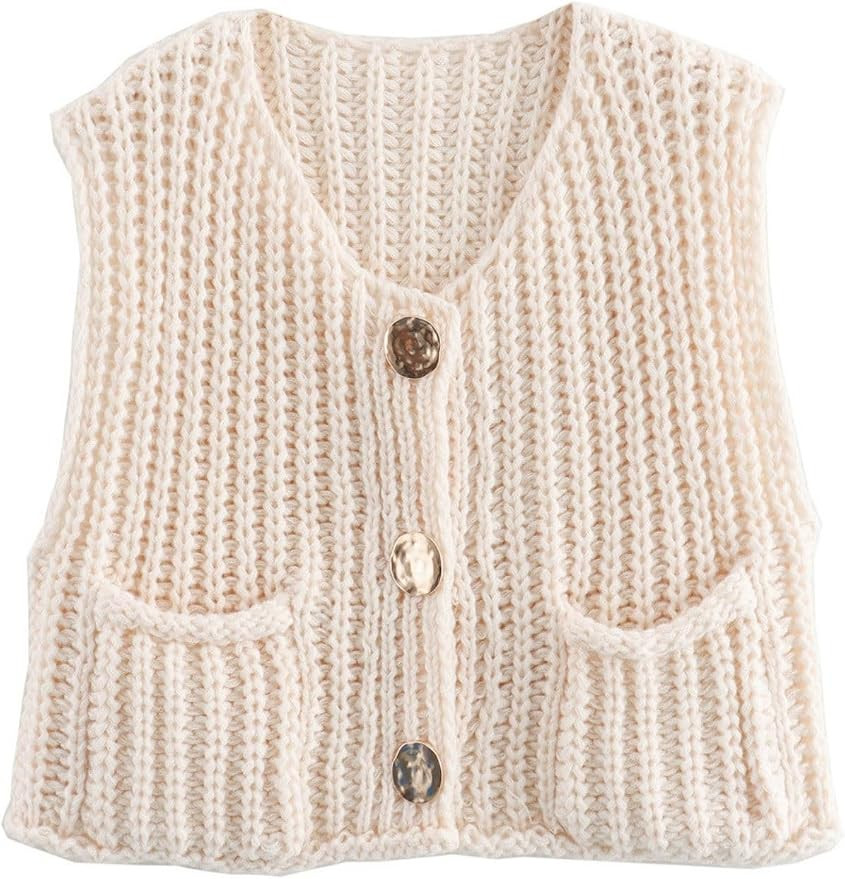 Womens Sleeveless Cropped Cardigan Sweaters Loose Fashion Button Down Chunky Knit Vest with Pocke... | Amazon (US)