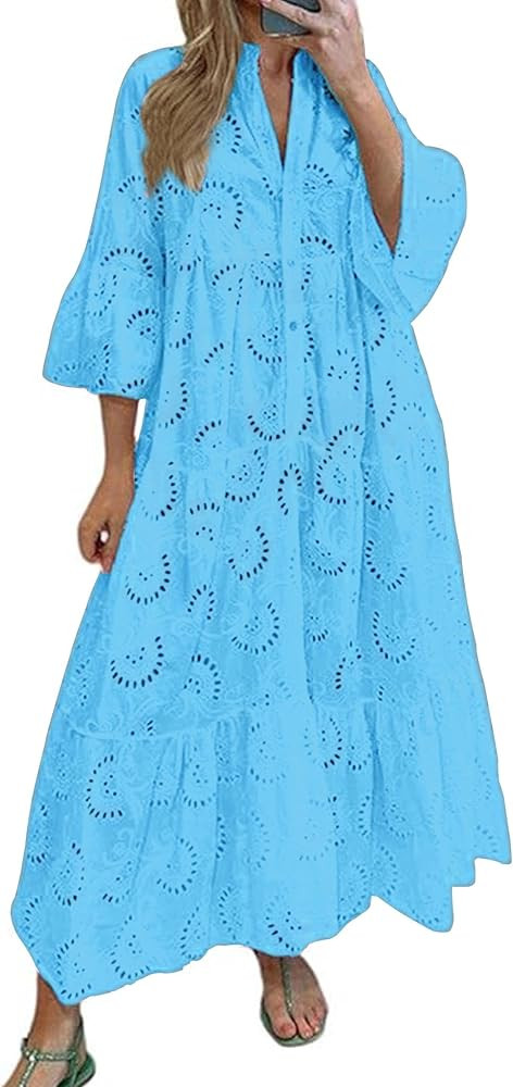 Women's Long Flowy Embroidered Eyelet Tiered Double Lined Loose Fitting Dresses | Amazon (US)