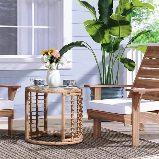 Outdoor Wicker Side Table, Patio End Table with Tempered Glass Top, All-Weather PE Rattan Round C... | Walmart (US)