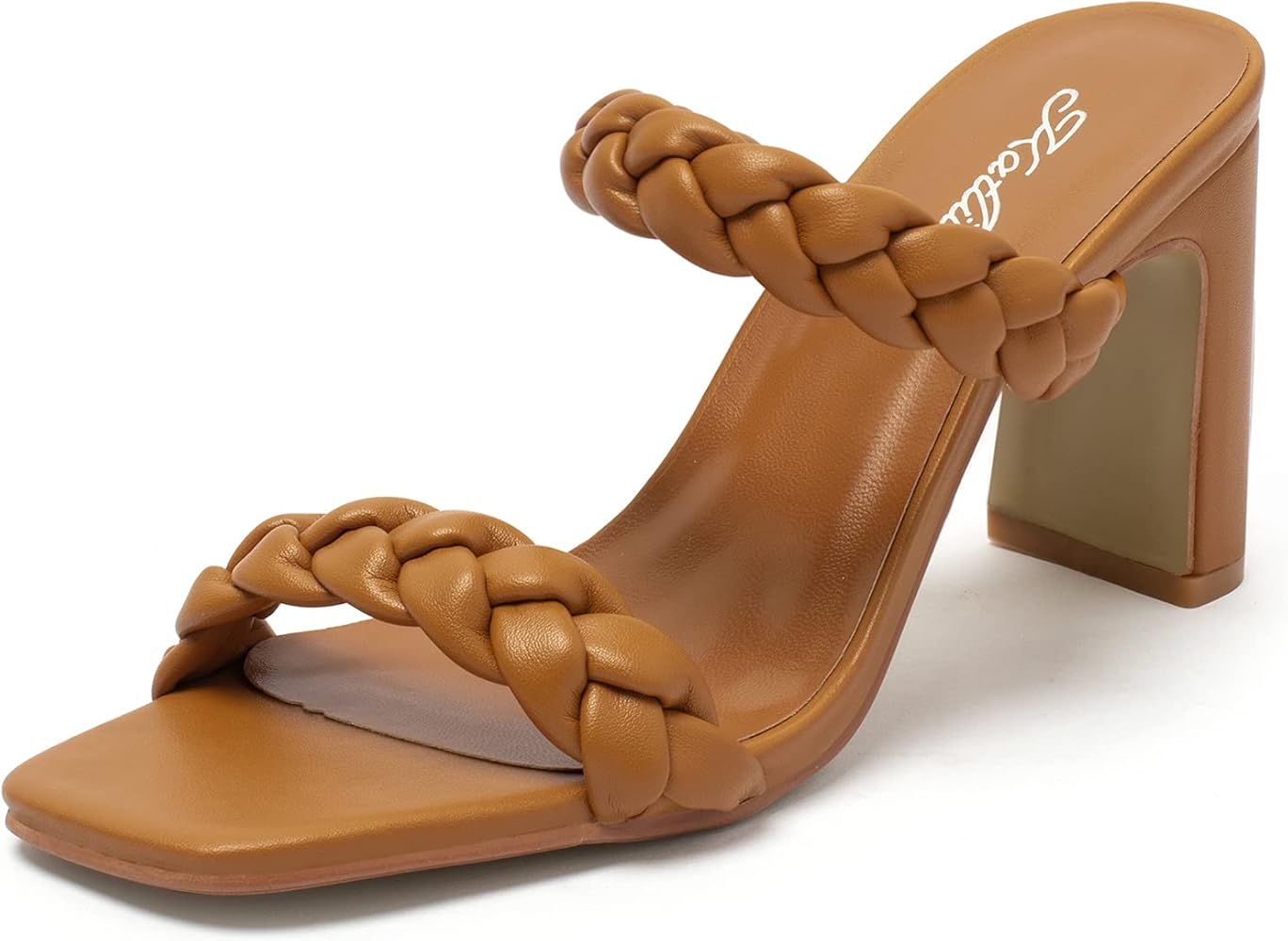 Katliu Women's Braided Heeled Mules Square Toe Block Heel Sandals Two Strap Heeled Slide Sandals | Amazon (US)