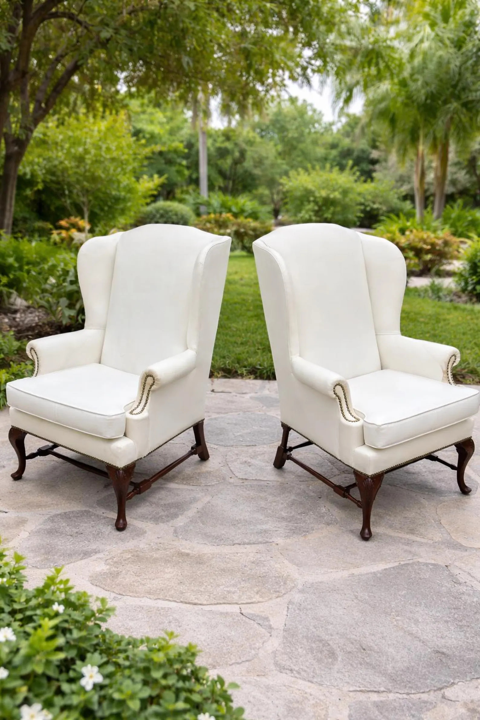 Coordinated Pair of Ivory Wingback Arm Chairs-Solid Wood Frame-Vintage Club Chairs-Antique Lounge... | Etsy (Global)