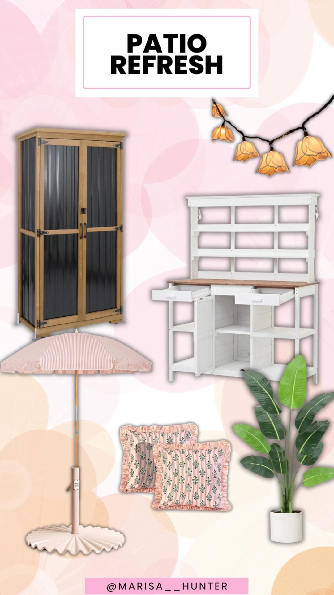 Patio party 🎉 

Patio umbrella potting bench shed cafe lights faux plant pillows umbrella stand 

#LTKHome #LTKmomlife