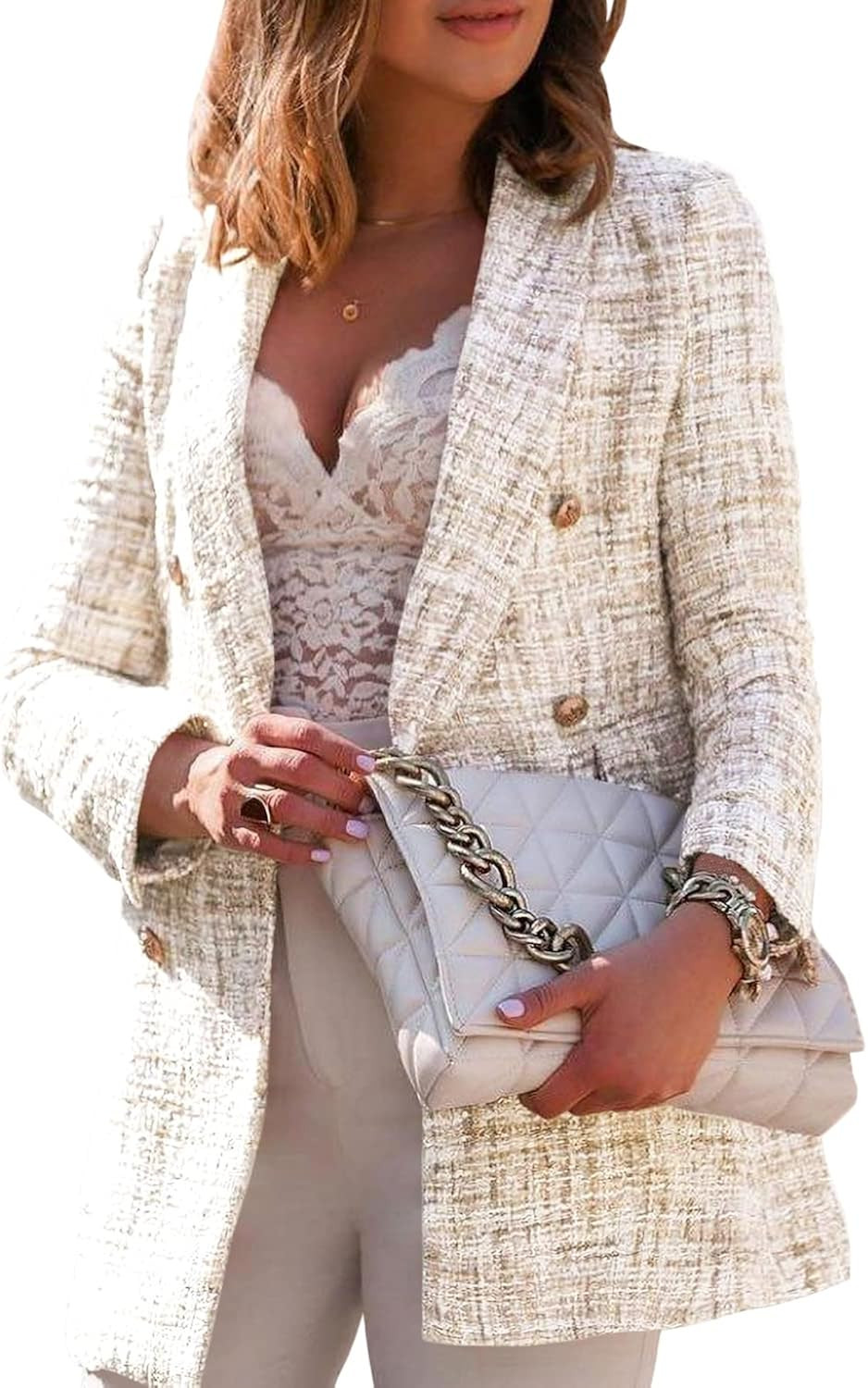 Tankaneo Womens Elegant Tweed Blazer Slim Fit Double Button Lapel Blazers Open Front Suit Work Of... | Amazon (US)