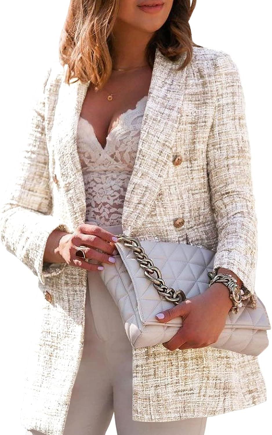 Tankaneo Womens Elegant Tweed Blazer Slim Fit Double Button Lapel Blazers Open Front Suit Work Of... | Amazon (US)