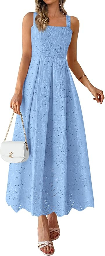 PRETTYGARDEN Womens Sleeveless Maxi Summer Dresses 2026 Hollow Out Eyelet Square Neck Ruffle Flow... | Amazon (US)