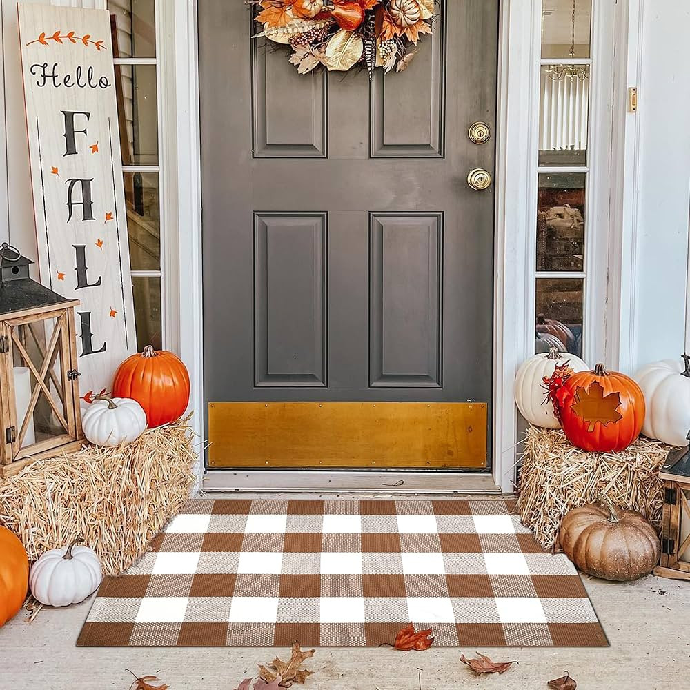 Ckorzen Coffee and White Plaid Rug,28" x 43" Outdoor Front Porch Door Decor Mat, Washable Cotton ... | Amazon (US)