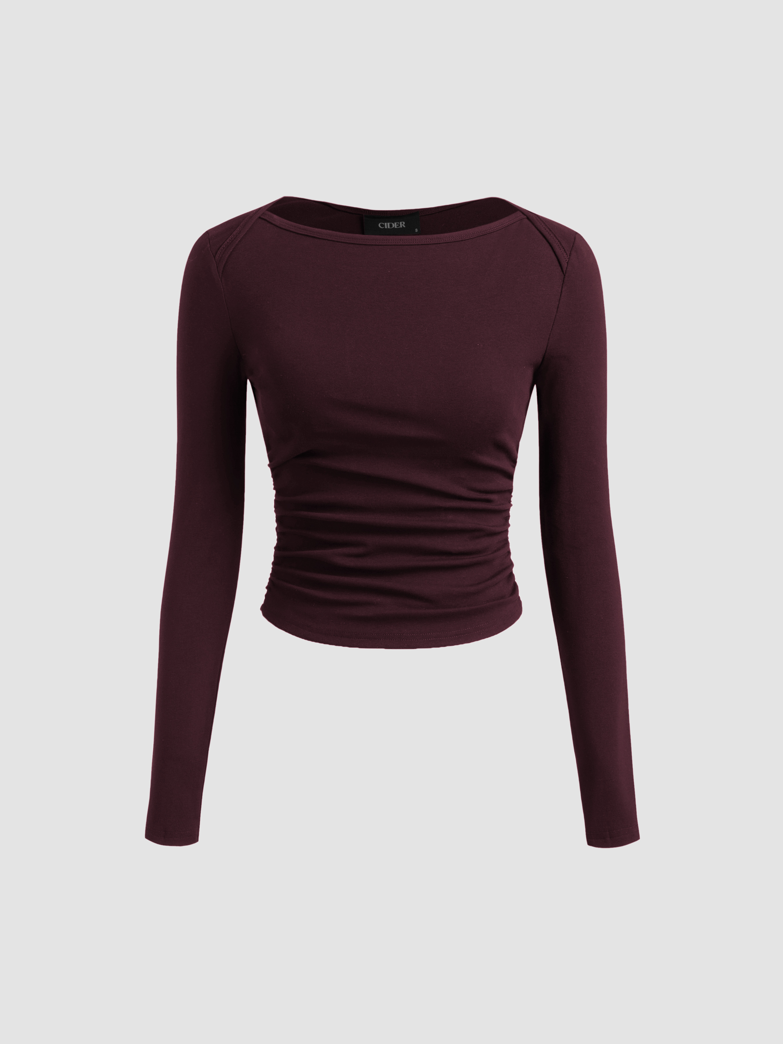 Basic & Thermal Knit Fabric Cotton Cotton-blend Boat Neck Solid Ruched Long Sleeve Tee For Daily ... | Cider