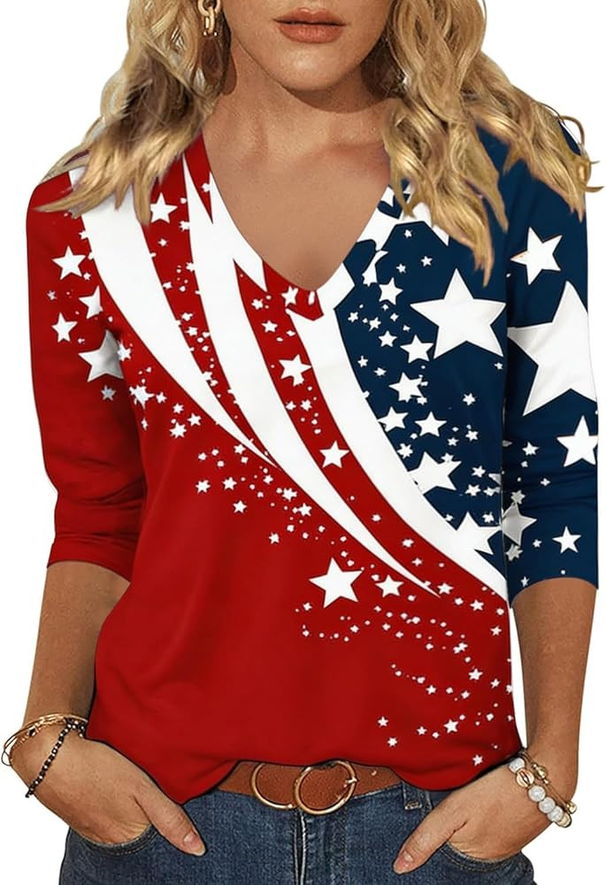 Woffccrd Womens 3/4 Sleeve V Neck American Flag T-Shirts 4th of July Independence Day Summer Grap... | Amazon (US)