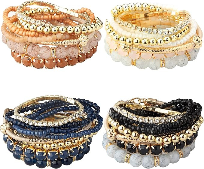 MILACOLATO 2-4 Sets Stackable Bracelets for Women Multilayer Beaded Bracelets Stretch Bangles Boh... | Amazon (US)