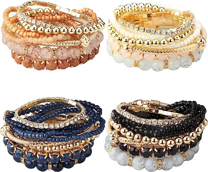 MILACOLATO 2-4 Sets Stackable Bracelets for Women Multilayer Beaded Bracelets Stretch Bangles Boh... | Amazon (US)