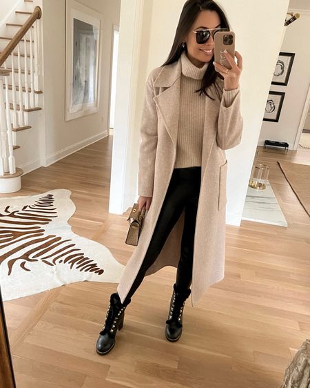 Kat Jamieson wears a taupe winter coat, cashmere turtleneck, leather leggings, and boots. Classic style, winter outfit, cozy layers, sweater. 

#LTKshoecrush #LTKSeasonal