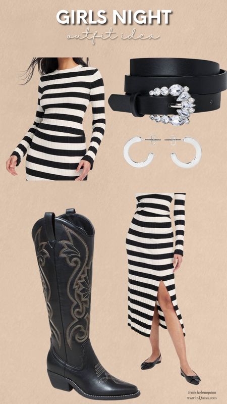 Girls night outfit idea with stripe sweater set, bejeweled western belt, black western boots  

#LTKfindsunder100 #LTKshoecrush #LTKfindsunder50
