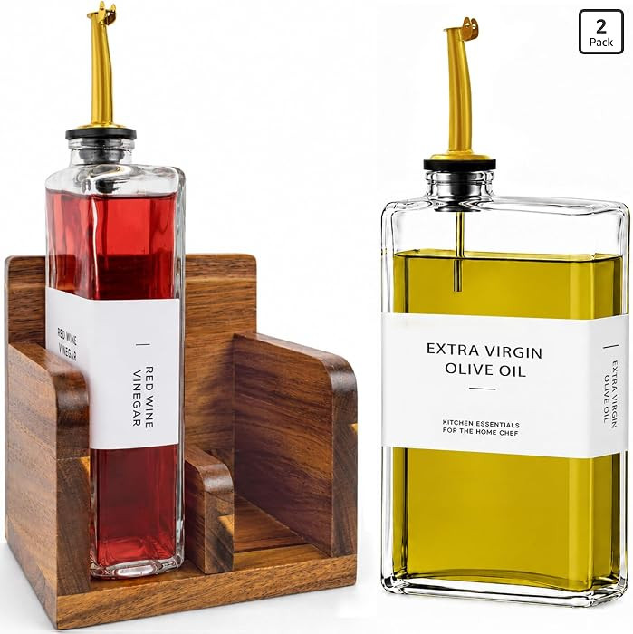 Glass Oil and Vinegar Dispenser Set with Acacia Wood Stand, 2 Pack 12 oz | Amazon (US)