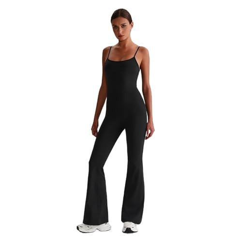 One Piece Gym Set Yoga Clothing Women Sexy Backless Workout Flared Jumpsuit Built in Bra Full Length Sleeveless Bodysuits(Black,XL-10) | Amazon (US)
