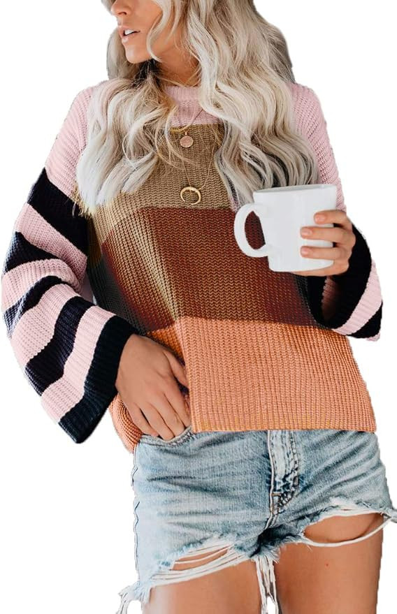 WETBDREAM Womens Sweaters V Neck Long Sleeve Loose Fit Solid Colour Tops | Amazon (US)