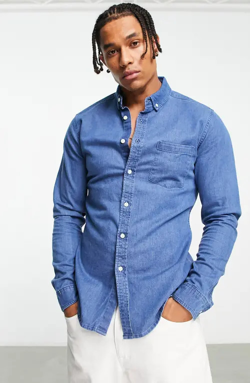 ASOS DESIGN Slim Fit Stretch Denim Button-Down Shirt in Mid Blue at Nordstrom, Size X-Small | Nordstrom