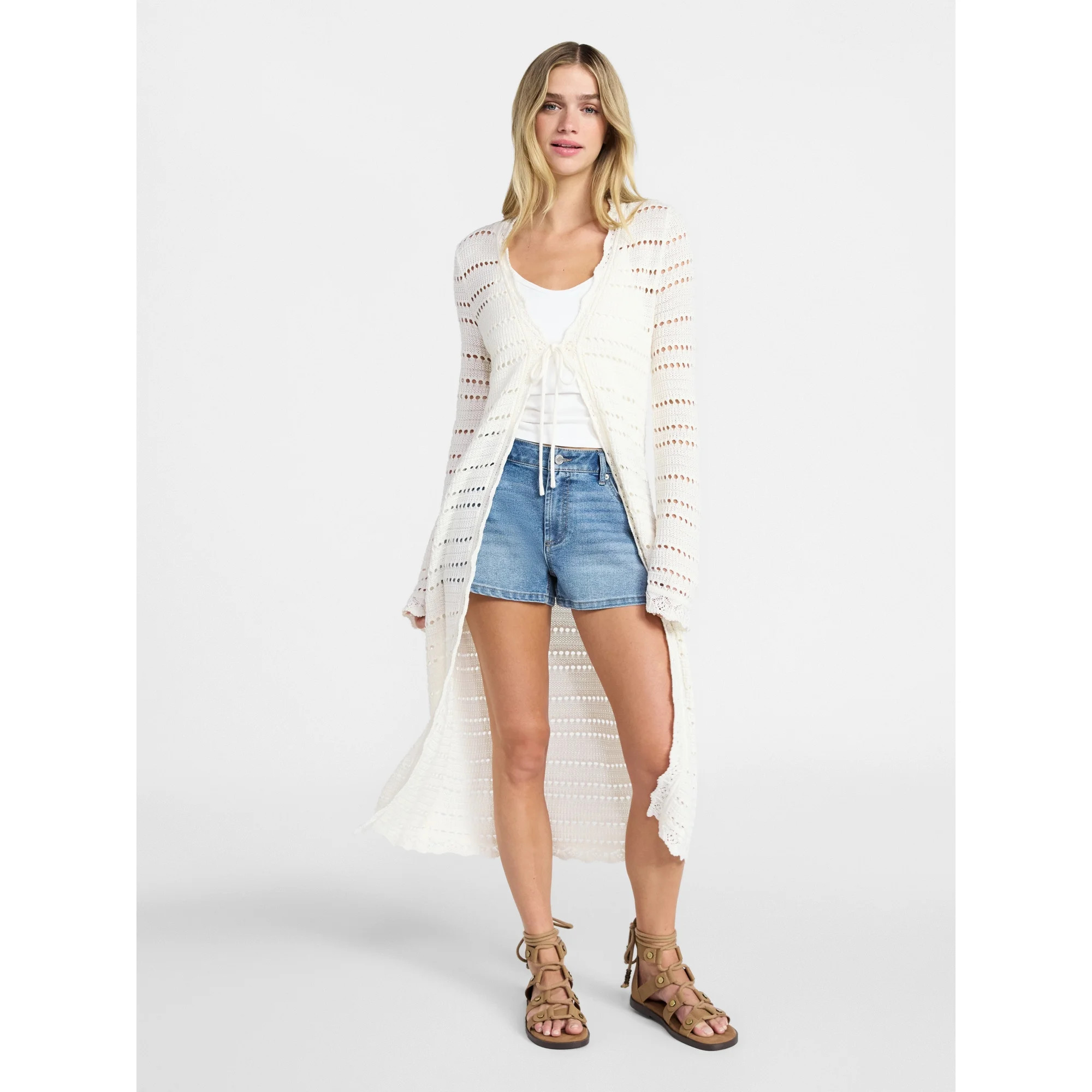 No Boundaries Tie Front Pointelle Duster, Women's Sizes XXS-XXL | Walmart (US)