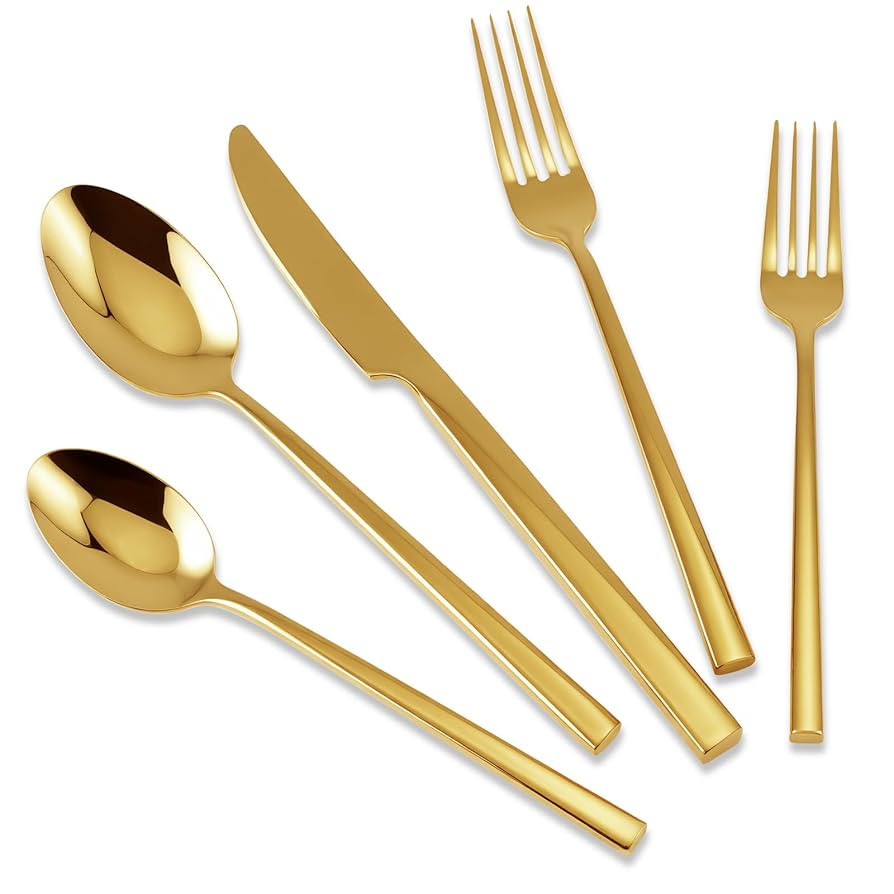 Stainless Steel Flatware Set Hand Forged 18/10 Silverware Set Cutlery Set Gold Cuboid Handle Mirr... | Amazon (US)
