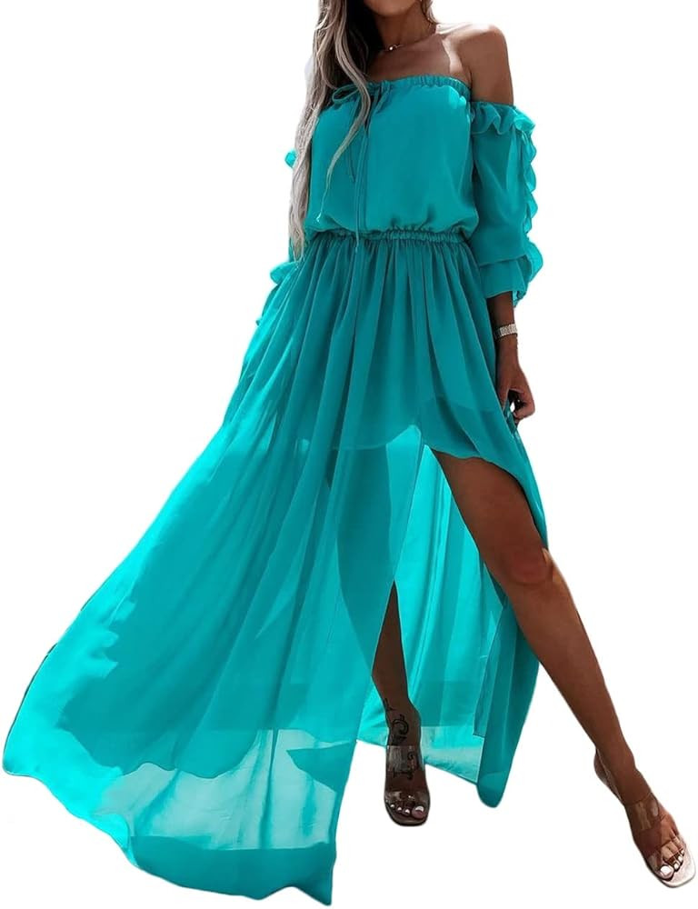 CHARTOU Women's Chiffon Summer Beach Flowy Maxi Dress Off Shoulder Elastic Ruffle Cocktail Dress | Amazon (US)